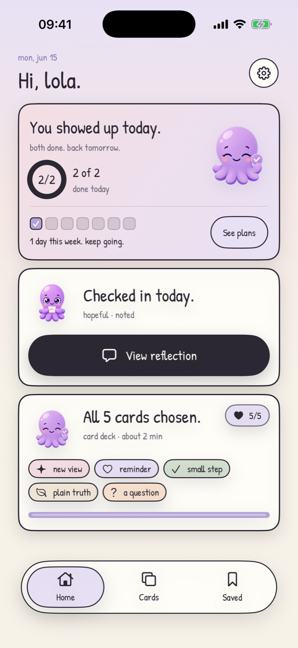 Bloom home screen with the daily check-in, cards, and streak